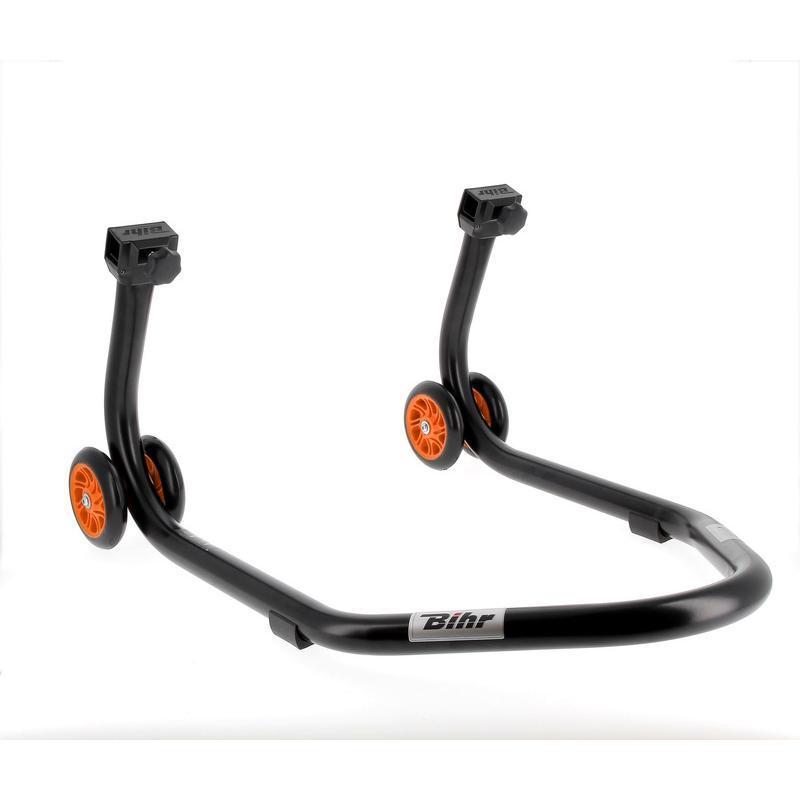 BIHR  : Caballete trasero BIHR Home Track soporte en L" color negro mate y ruedas naranjas"