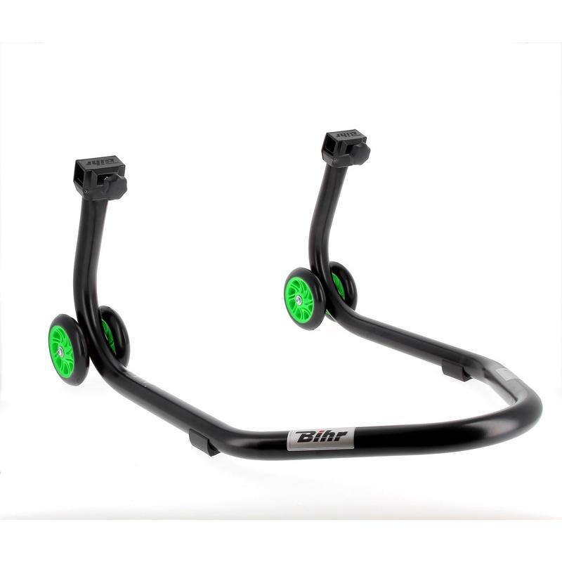 BIHR  : Caballete trasero BIHR Home Track soporte en V" color negro mate y ruedas verdes"