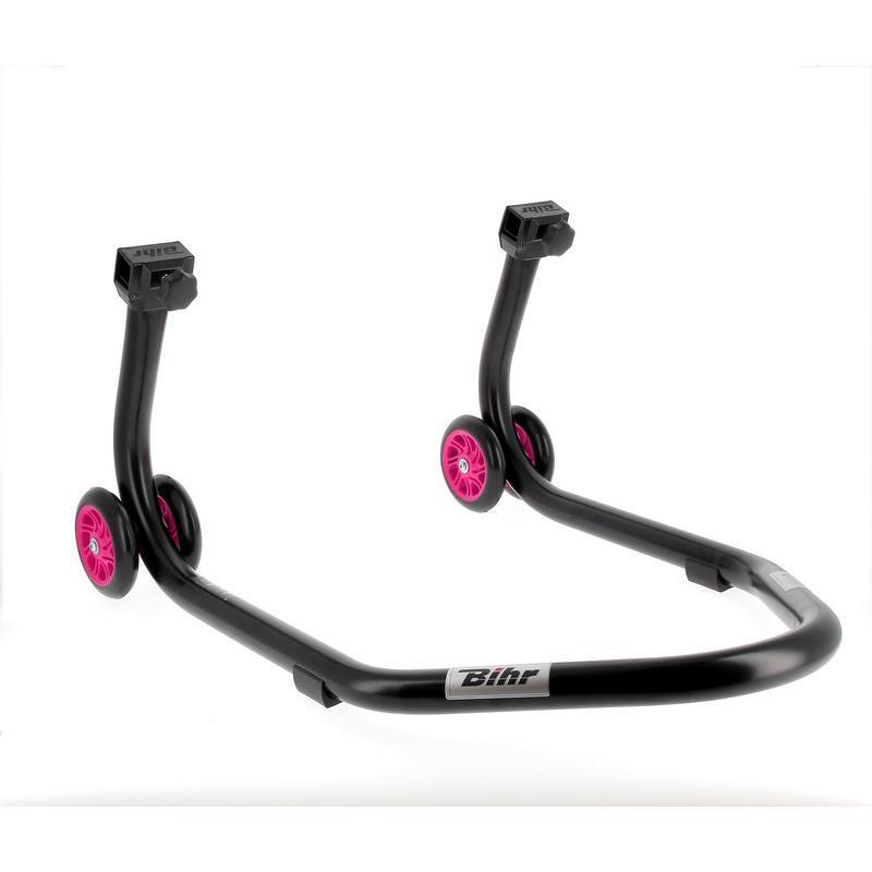 BIHR  : Caballete trasero BIHR Home Track soporte en V" color negro mate y ruedas rosas"