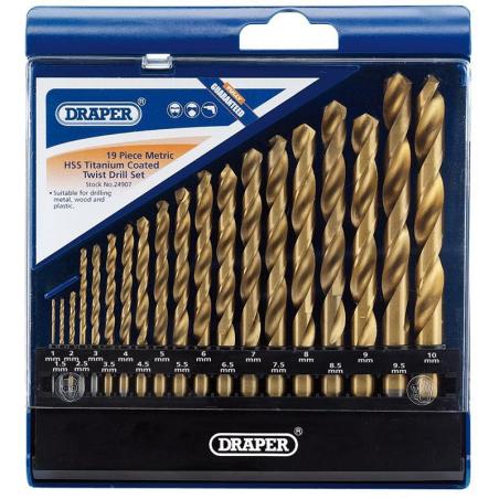 DRAPER 24907 : Juego de 19 brocas DRAPER HSS titanio 1 - 10mm